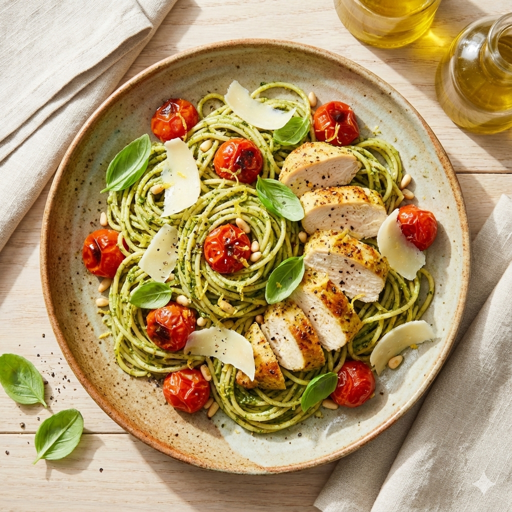 Basil Pesto Spaghetti with Lemon Chicken